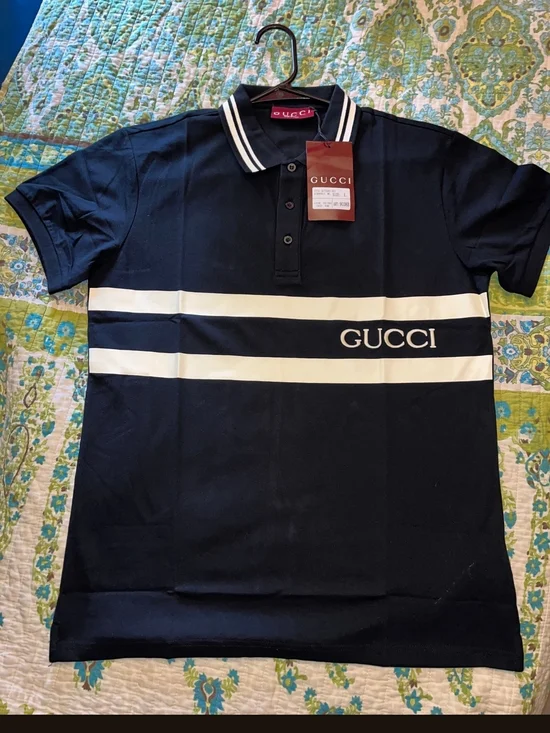 Gucci Men’s Navy Polo with White Stripes - Picture 1 of 7